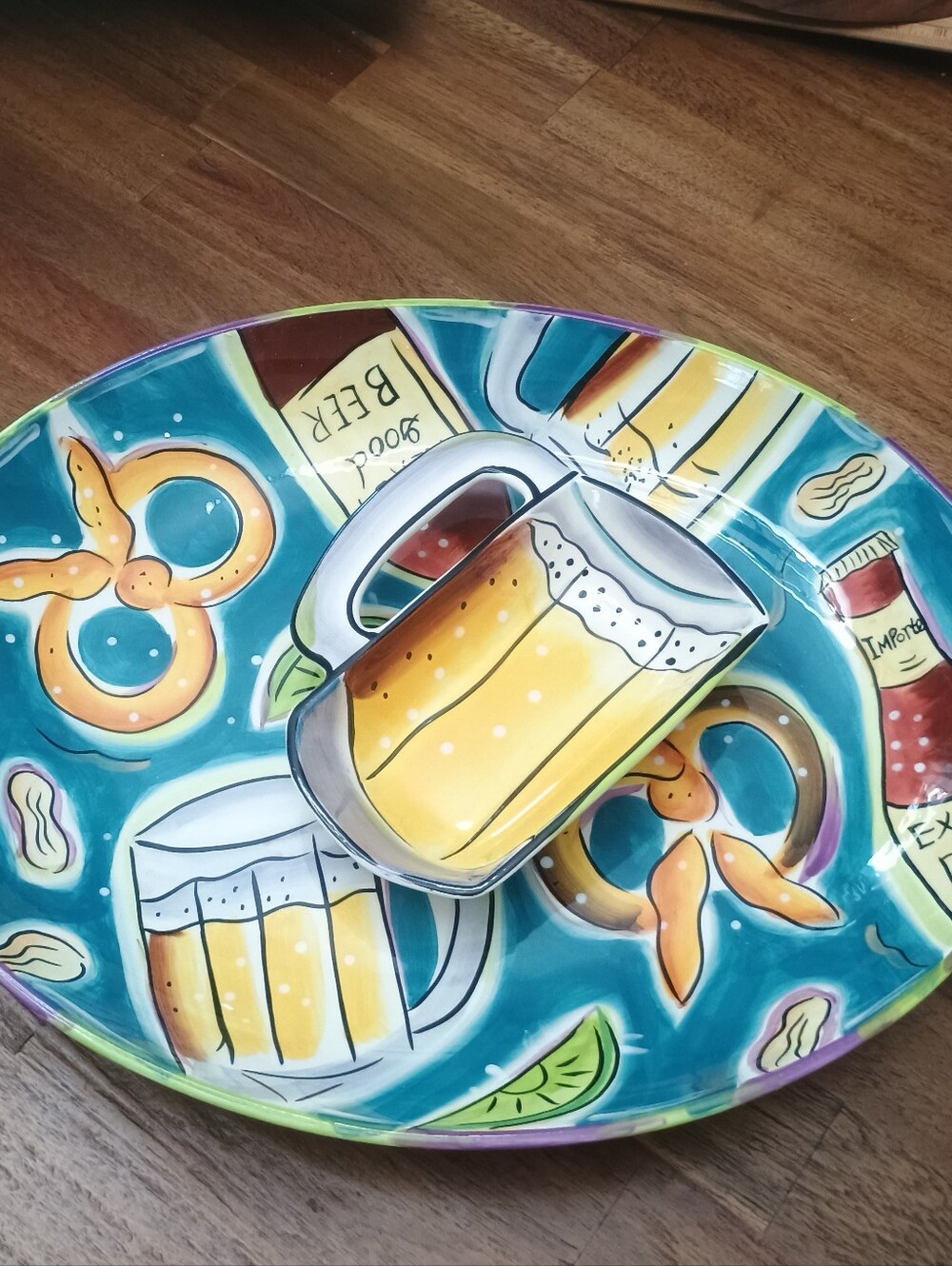 Clay Art StoneLite Beer Time Chip & Dip Set Hand Painted 2003 Beer Mug Platter